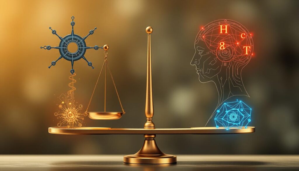 Balance zwischen KI-Innovation und ethischen Grundsätzen visualisiert