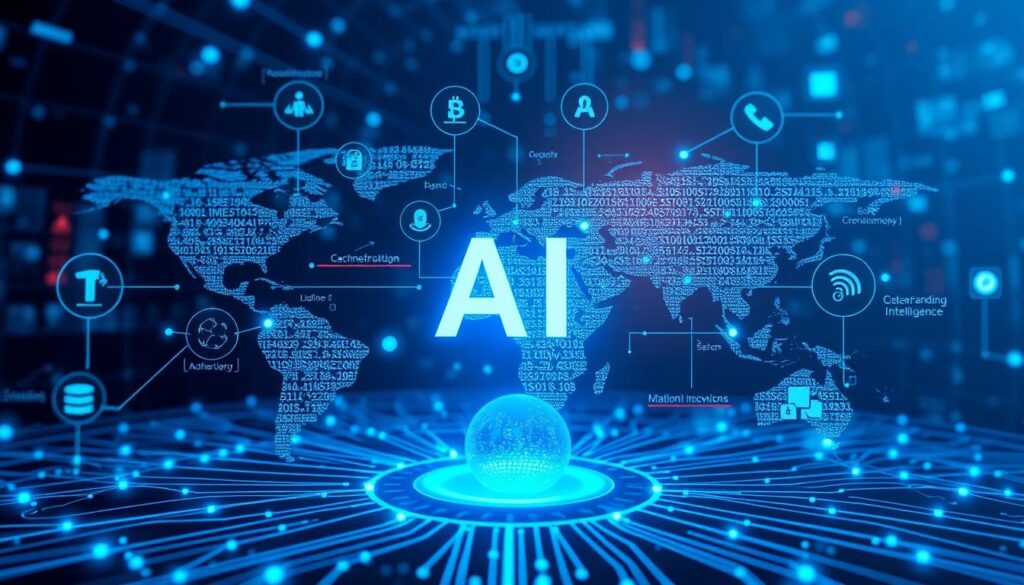 Futuristische Darstellung verschiedener KI Einsatzgebiete in einer vernetzten Welt
