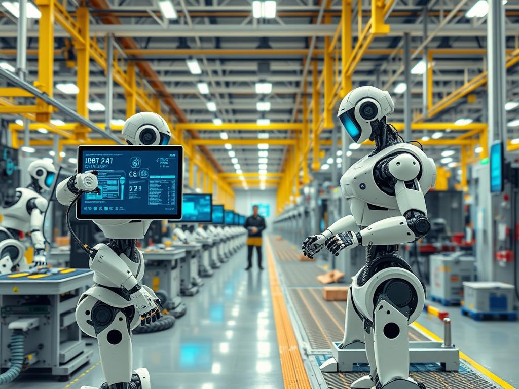 Industrielle Fertigungshalle mit KI-gesteuerten Robotern und Automatisierungssystemen Industrielle Fertigungshalle mit KI-gesteuerten Robotern und Automatisierungssystemen