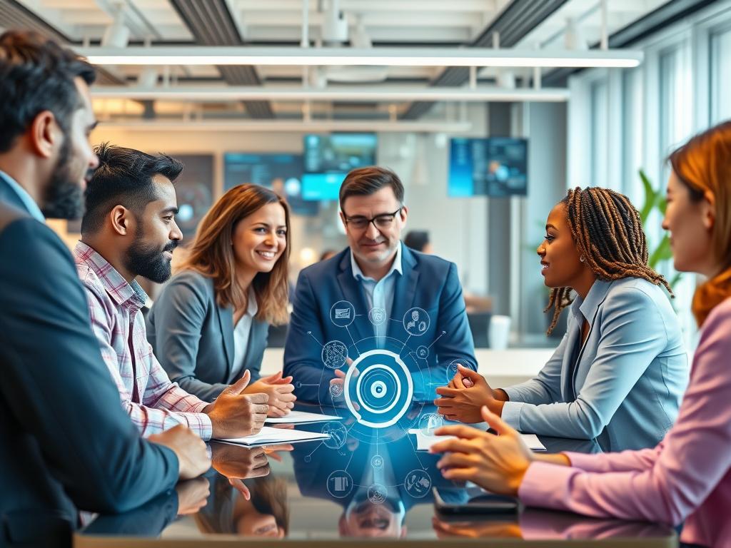 Personen diskutieren über verschiedene KI Einsatzgebiete in einem modernen Büro
