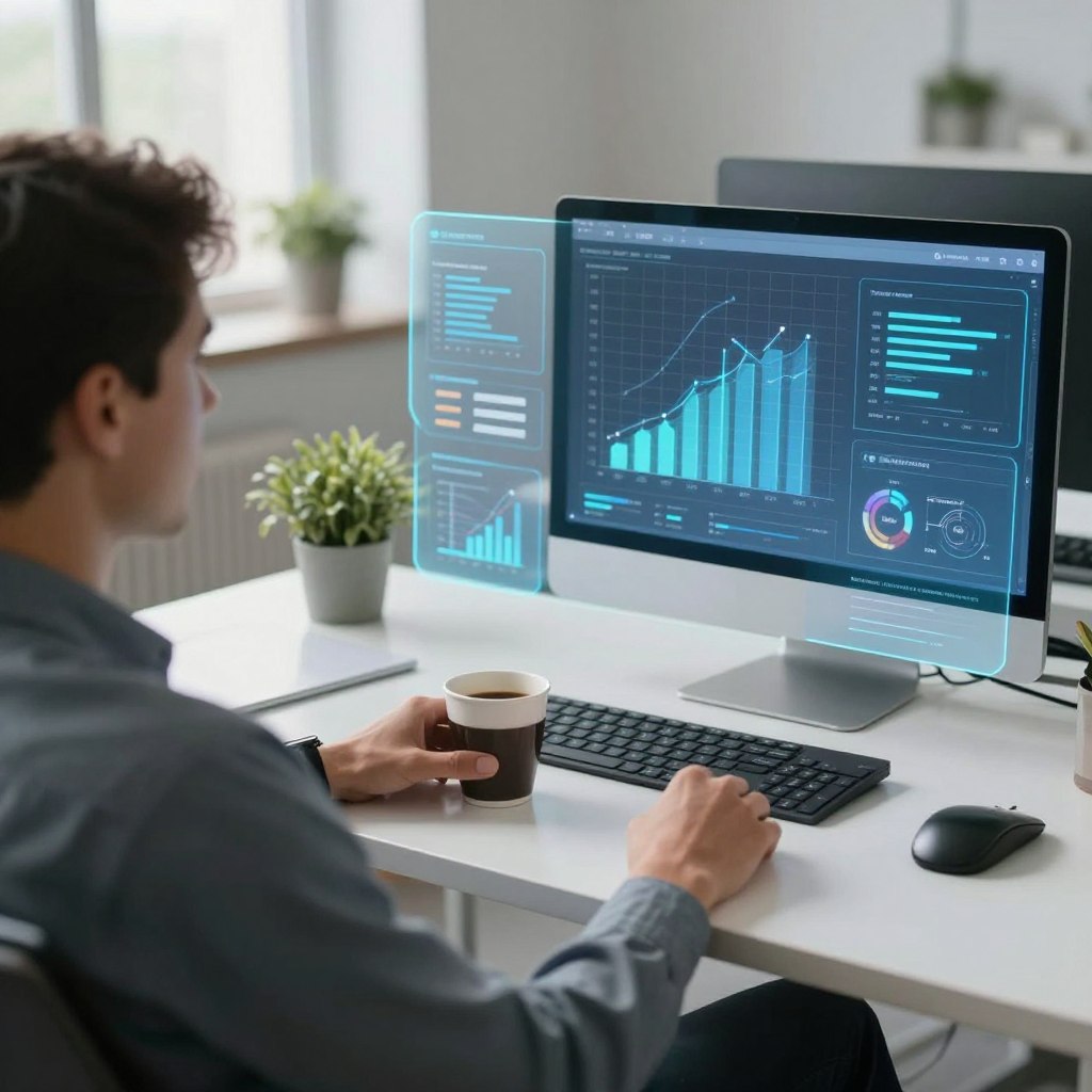 Person entspannt am Schreibtisch während KI-Tools im Hintergrund arbeiten