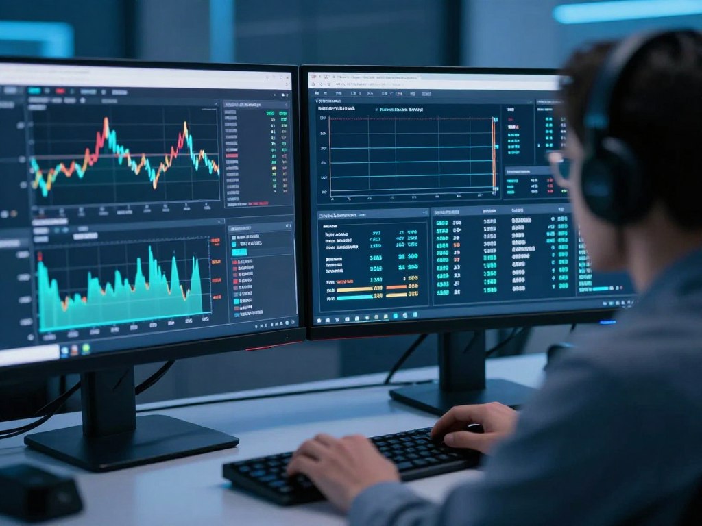 Trader nutzt KI-Trading-Instrumente an mehreren Bildschirmen