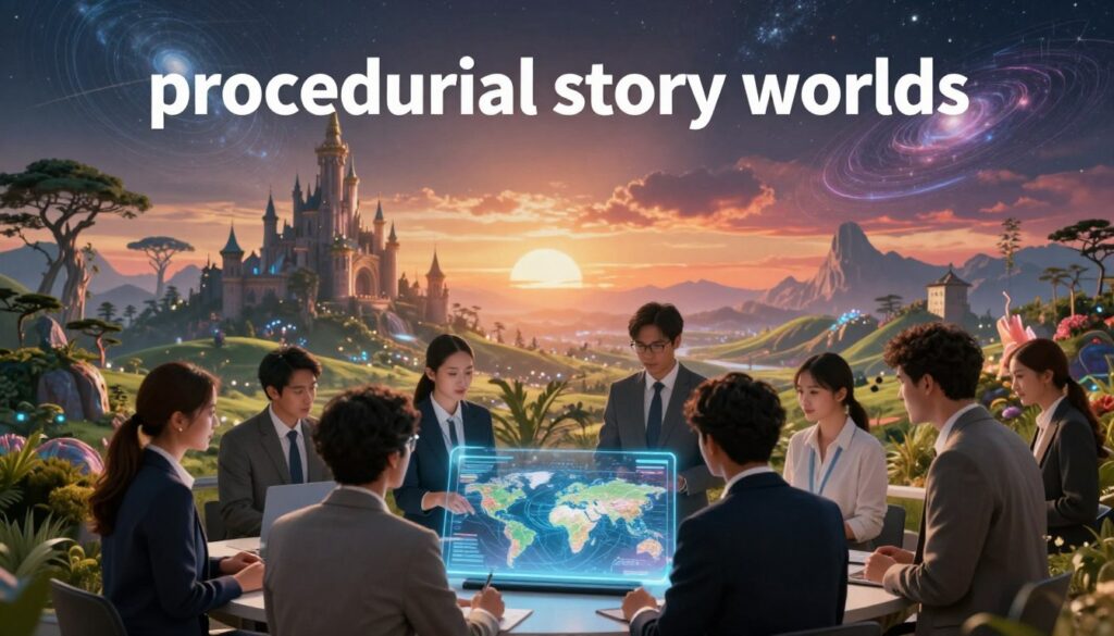 A captivating scene showcasing a digital landscape representing "procedural story worlds." In the foreground, visualize a group of diverse, professional individuals, each dressed in smart business attire, collaborating around a holographic tablet displaying intricate world designs. The middle ground features a breathtaking fantasy realm, with rolling hills, mystical forests, and castles rising against a sunset sky, symbolizing creativity and adventure. In the background, a blend of swirling galaxies and abstract geometric patterns illustrate the boundless possibilities of AI-generated narratives. Soft, ambient lighting casts a warm glow, creating an inspiring atmosphere that invites exploration and imagination. Use a wide-angle lens perspective to emphasize the vastness of this digital realm while maintaining focus on the collaborative effort in the foreground.