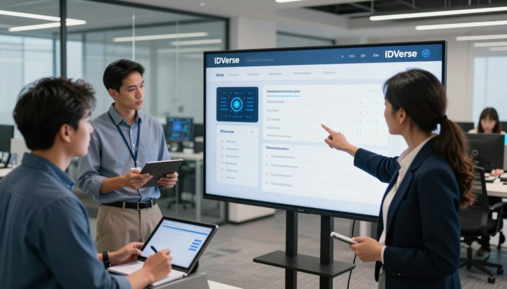 A corporate setting featuring a diverse group of professionals engaged in a collaborative discussion around a large digital screen displaying the IDVerse online verification interface. In the foreground, a woman in professional attire points at the screen, showcasing data integration, while a man beside her takes notes on a tablet. The middle ground highlights another team member analyzing graphs, symbolizing identity verification and deepfake detection processes. The background includes modern office elements such as glass partitions and technological equipment. The lighting is bright and professional, with a focus on the screen, creating an atmosphere of innovation and teamwork. The angle is from a slightly elevated perspective, capturing the dynamic interaction within the space.