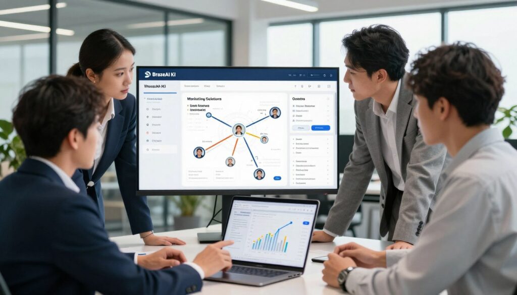 A dynamic office environment showcasing professionals collaborating over digital screens displaying analytics and customer journey maps. In the foreground, a diverse group of three individuals in smart business attire, discussing strategies, with one pointing at a graph on a laptop. The middle ground features a large digital touchscreen interface depicting the BrazeAI KI logo and data insights, highlighting marketing solutions. The background is softly blurred, revealing a modern office with glass walls and plants, creating an atmosphere of innovation and teamwork. The lighting is bright and natural, streaming in from large windows, enhancing a sense of productivity and forward-thinking. Capture this scene at an angle that emphasizes collaboration and technology.