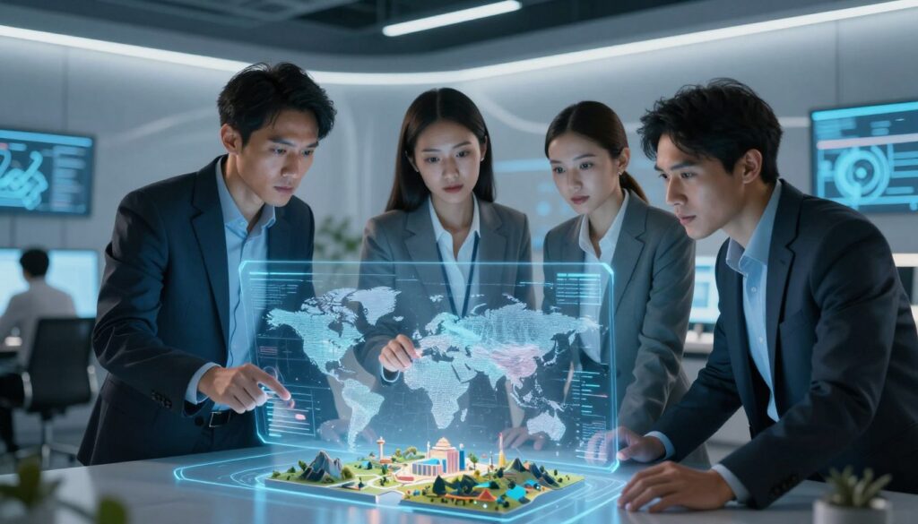 A futuristic digital workspace depicting a group of three diverse professionals, dressed in smart business attire, collaborating over a holographic interface projecting 3D world designs. In the foreground, focus on the professionals, with expressions of concentration and determination as they tackle complex challenges. The middle ground features intricate holograms of terrain, landscapes, and structures representing 3D world generation, subtly highlighting the difficulties of the process. The background is a sleek, high-tech office filled with glowing screens and abstract wall art, bathed in soft, ambient blue lighting. The atmosphere exudes a sense of innovation and urgency, capturing the intricacies and limitations faced when utilizing the Genie 2 KI-Tool for creating immersive environments.