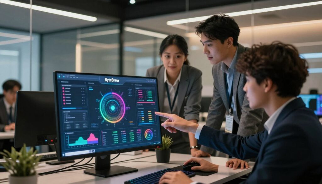 A futuristic digital workspace featuring the ByteBrew KI platform for game analytics and live ops. In the foreground, a sleek, modern computer screen displays vibrant, colorful data visualizations and game metrics in real-time. The middle ground showcases diverse professionals in business attire, strategically discussing insights while pointing at the screen, embodying collaboration and innovation. The background is a high-tech office with transparent glass walls, illuminated by soft, ambient lighting that creates a warm, inviting atmosphere. The scene captures a sense of optimism and forward-thinking in game analytics. Use a cinematic angle with a slight depth of field to focus on the team and their engagement with the technology.