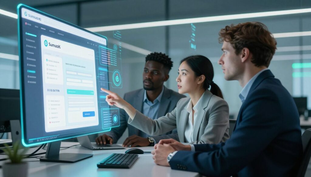 A futuristic digital workspace featuring the Sumsub KI platform interface displayed on sleek, transparent screens. In the foreground, a diverse group of three professionals—two men and one woman—in modern business attire engage in a discussion. The woman, Asian descent, is pointing at the screen, while the two men, one Black and one Caucasian, listen intently. In the middle ground, holographic data streams and analytics icons float around them, representing identity verification and transaction control. The background shows a high-tech office with soft blue and green ambient lighting, reflecting a sense of innovation and forward-thinking. The atmosphere is dynamic and collaborative, capturing the essence of future developments in identity and transaction management. A futuristic digital workspace featuring the Sumsub KI platform interface displayed on sleek, transparent screens. In the foreground, a diverse group of three professionals—two men and one woman—in modern business attire engage in a discussion. The woman, Asian descent, is pointing at the screen, while the two men, one Black and one Caucasian, listen intently. In the middle ground, holographic data streams and analytics icons float around them, representing identity verification and transaction control. The background shows a high-tech office with soft blue and green ambient lighting, reflecting a sense of innovation and forward-thinking. The atmosphere is dynamic and collaborative, capturing the essence of future developments in identity and transaction management.