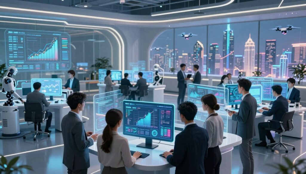 A futuristic financial software landscape showcasing advanced automation technologies. In the foreground, a diverse group of business professionals in smart attire examining digital financial dashboards displayed on transparent screens, showcasing data analytics and AI insights. In the middle ground, sleek, modern office spaces filled with holographic projections of financial graphs and robotic assistants collaborating with humans. The background features a skyline of a high-tech city with glowing skyscrapers and drones, hinting at a digital future. Bright, ambient lighting enhances the optimistic atmosphere, reflecting innovation and progress. The overall composition has a cinematic angle, emphasizing depth and focus on the interactions between people and technology. A futuristic financial software landscape showcasing advanced automation technologies. In the foreground, a diverse group of business professionals in smart attire examining digital financial dashboards displayed on transparent screens, showcasing data analytics and AI insights. In the middle ground, sleek, modern office spaces filled with holographic projections of financial graphs and robotic assistants collaborating with humans. The background features a skyline of a high-tech city with glowing skyscrapers and drones, hinting at a digital future. Bright, ambient lighting enhances the optimistic atmosphere, reflecting innovation and progress. The overall composition has a cinematic angle, emphasizing depth and focus on the interactions between people and technology.