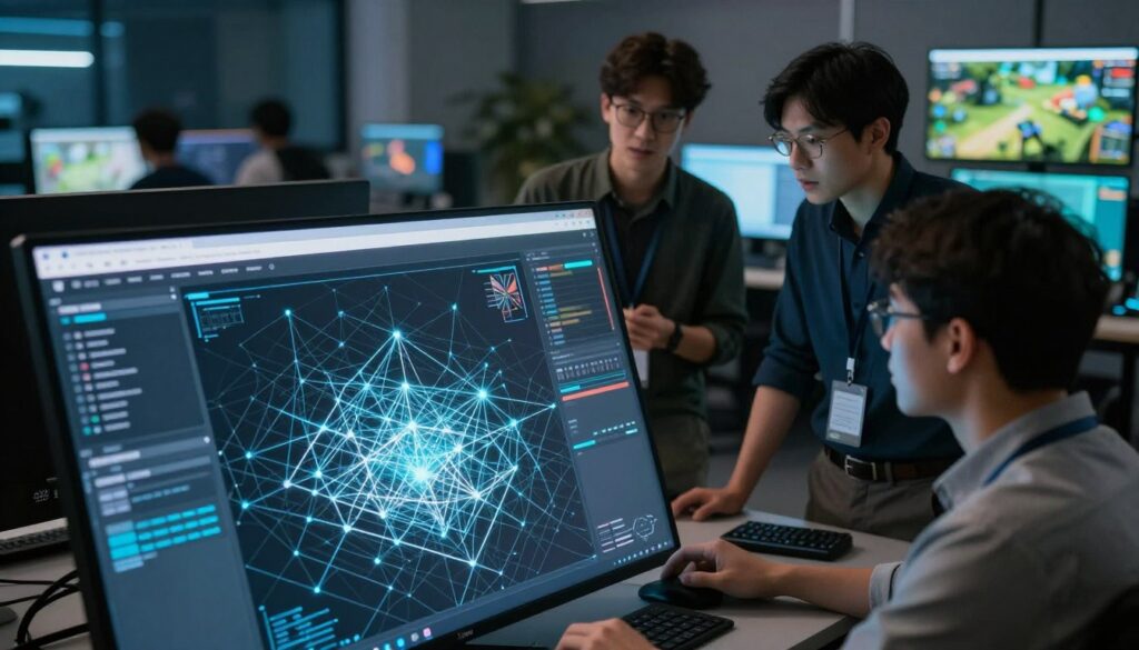 A futuristic mesh generator interface displayed prominently in the foreground, showcasing intricate geometric patterns and a digital 3D model emerging from it. The middle ground features developers wearing professional attire, engaged in discussion while observing the mesh generated on a large screen beside them. The background reveals a high-tech workspace filled with screens displaying game environments and assets, with soft blue and green lighting creating a focused atmosphere. The angle is slightly above eye level to capture both the mesh generator and the developers' interaction. The overall mood is collaborative and innovative, reflecting a creative environment where technology and game design intersect.