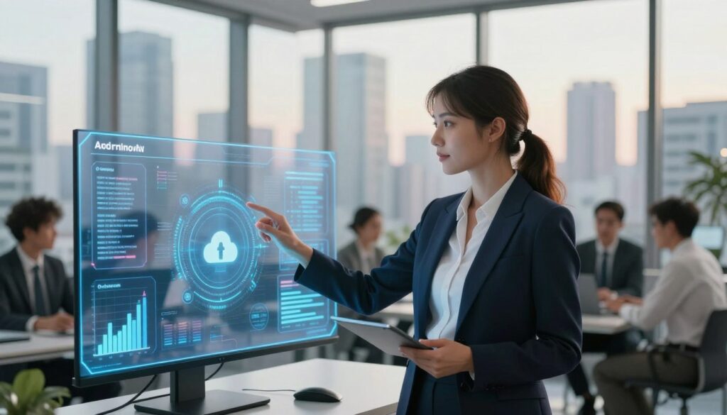 A futuristic office environment featuring a diverse group of professionals discussing data privacy and security measures. In the foreground, a confident female technician, dressed in smart business attire, actively demonstrates a sleek digital interface of the AdAmigo AI tool on a touchscreen display. In the middle, a large, transparent screen displays various graphs and icons representing data protection concepts like encryption and secure cloud storage. In the background, large windows reveal a bustling city skyline under soft, natural light, creating a warm and optimistic atmosphere. The scene is composed with a shallow depth of field, focusing on the technician, while subtle reflections on the touchscreen add a sense of realism. The overall mood conveys innovation, trust, and collaboration in the realm of digital marketing and security.