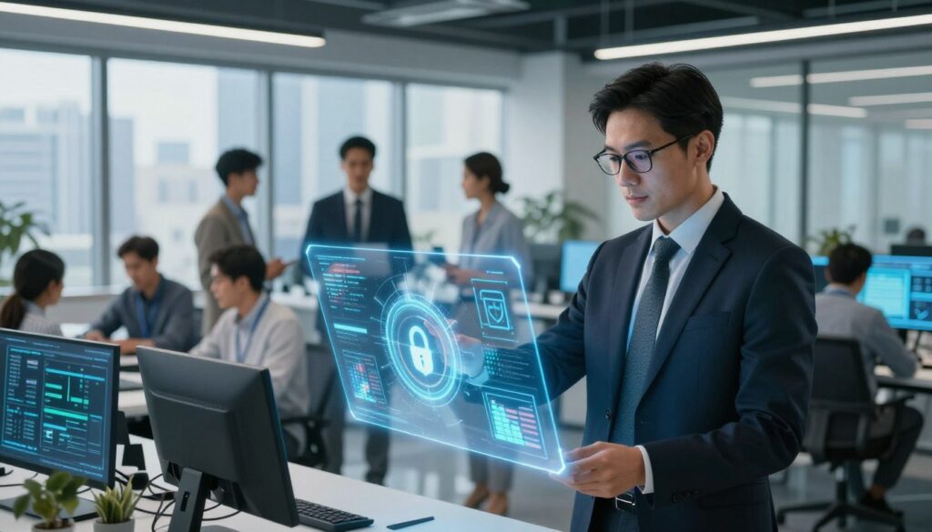 A futuristic office environment showcasing a sleek, modern workspace dedicated to data security and privacy. In the foreground, a confident professional in business attire examines a holographic display depicting security analytics and data protection protocols. In the middle ground, a diverse team of professionals engage in discussions, surrounded by high-tech equipment and digital interfaces that display encrypted data streams. The background features large windows with a city skyline, emphasizing a bright, optimistic atmosphere representing innovation and trust. Soft, ambient lighting highlights the focus on collaboration and advanced technology, capturing an overall mood of empowerment and assurance in safety and compliance. The image should be composed with a slight angle to create depth and interest.