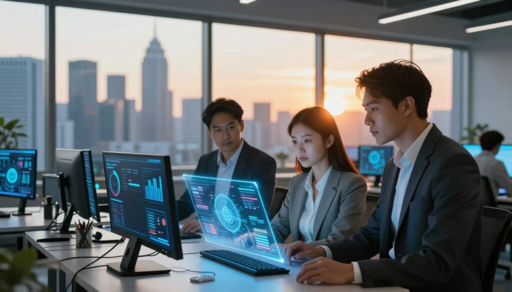 A futuristic office environment showcasing artificial intelligence and data analysis. In the foreground, a diverse group of three professionals, a woman and two men, dressed in smart business attire, intently reviewing holographic data displays. The middle ground features sleek computers with glowing screens, displaying complex graphs and charts, emphasizing data management. In the background, a large window reveals a vibrant city skyline, with the sun setting, casting warm, golden light into the room, creating a productive and innovative atmosphere. The overall mood is one of collaboration and technological advancement, symbolizing the intersection of AI and data in modern marketing strategies. The scene is well-lit, capturing details with a focus on the professionals and their digital tools.