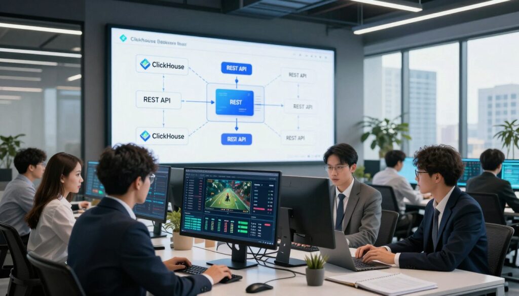 A futuristic office environment showcasing the integration of Business Intelligence (BI) tools and REST APIs within a ClickHouse database. In the foreground, a sleek computer with analytical dashboards displaying real-time game data, surrounded by professional individuals dressed in business attire, collaborating over data insights. The middle ground features a large digital screen illustrating flow diagrams of data integration, REST API connections, and ClickHouse architecture. The background reveals a modern office with large windows, natural light streaming in, and urban cityscapes visible outside, creating a dynamic atmosphere. The mood is innovative and focused, with a high-tech feel enhancing the significance of data analytics in real-time game performance. The scene is shot with a wide-angle lens, providing depth while maintaining clarity across all elements.