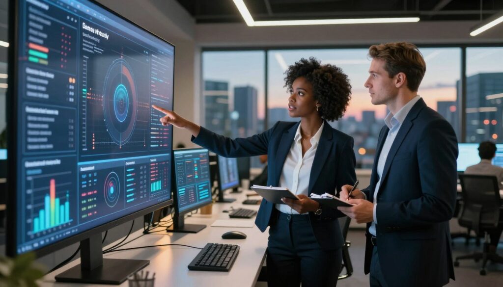 A futuristic office environment where a diverse group of professionals in business attire are collaborating around a large digital screen displaying complex data analytics related to game security and privacy. In the foreground, a confident Black woman gestures towards the screen while a Caucasian man beside her takes notes, both demonstrating teamwork in a high-tech setting. The middle ground features sleek computer workstations with holographic interfaces, all infused with warm ambient lighting to create a sense of innovation and trust. The background includes large windows showing a cityscape under a twilight sky, emphasizing a modern and secure atmosphere. The overall mood is one of professionalism and collaboration, focusing on the importance of security and privacy in data analytics.