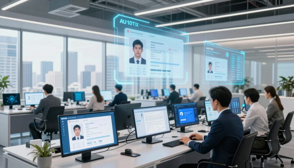 A futuristic office setting illustrating AU10TIX KI identity verification software in action. In the foreground, a diverse group of professionals in business attire interact with high-tech devices displaying identity verification interfaces on sleek screens. The middle layer features holographic displays of ID cards and biometric data, highlighting the advanced technology involved in document verification. In the background, large windows reveal a cityscape with a modern skyline under bright, natural lighting, creating a vibrant atmosphere. The overall mood is one of innovation and efficiency, capturing the cutting-edge nature of AI software for identity and document verification. Use a wide-angle lens to emphasize the spaciousness and modern design of the office.