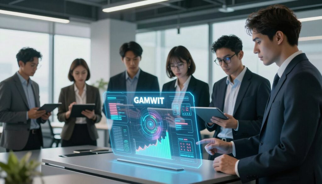 A futuristic office setting reflecting a tech-driven environment, showcasing "GAMWIT" as a prominently displayed holographic interface in the foreground. The hologram features vibrant graphs and analytical data visualizations, symbolizing game analytics and predictions. In the middle ground, a diverse group of professionals in smart business attire collaborate over digital tablets, analyzing game data with thoughtful expressions. The background features sleek, modern architecture and large windows that let in soft, natural light, creating a bright and inviting atmosphere. The scene conveys a sense of innovation and teamwork, with a cool color palette of blues and greens, hinting at advanced technology and strategic planning. The angle captures the essence of the interaction, focusing on the display and the engaged professionals.