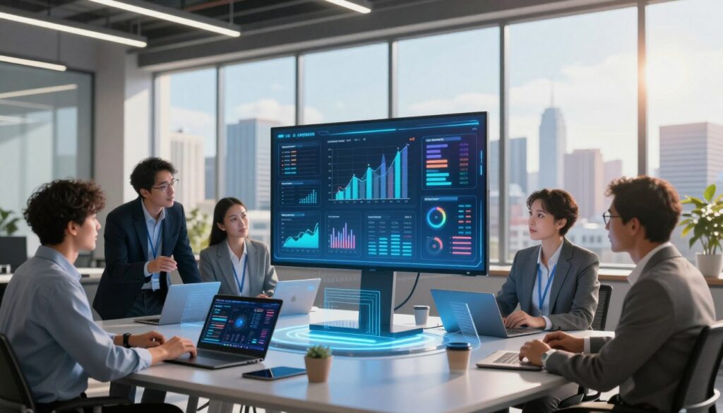 A futuristic office setting showcasing the concept of marketing automation powered by AI. In the foreground, a diverse group of professionals in business attire is engaged in an animated discussion around a sleek digital display showing dynamic graphs, charts, and AI-driven marketing data. The middle layer features various high-tech devices, such as tablets and smart screens, seamlessly integrating data streams. In the background, large windows reveal a vibrant city skyline under a bright, clear sky, symbolizing progress and innovation. Soft, ambient lighting creates a warm and inviting atmosphere, while a slight lens flare adds a touch of modernity. The overall mood is one of collaboration, forward-thinking, and excitement for the future of marketing technology.