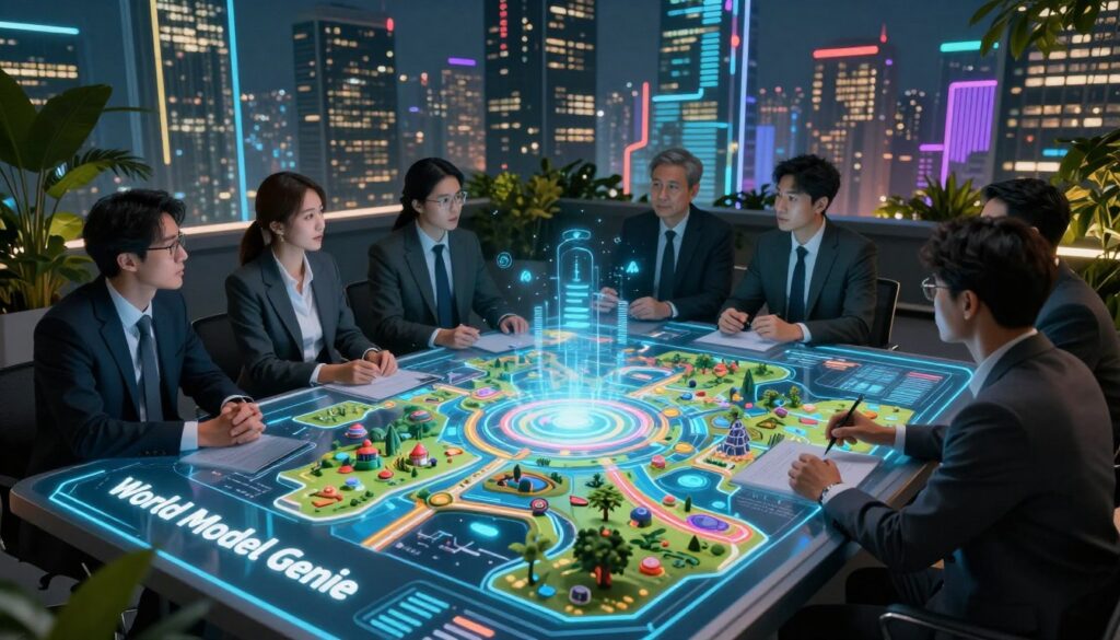 A futuristic scene depicting the "World Model Genie," a sophisticated AI tool for dynamic game worlds. In the foreground, show a sleek, holographic interface projecting an intricate 3D map of a vibrant, ever-changing game environment. The middle ground features a diverse team of professionals in business attire, engaged in thoughtful discussions and interacting with the technology, conveying collaboration and innovation. The background showcases a digitally enhanced city skyline, illuminated by neon lights and adorned with lush green elements, symbolizing the intersection of technology and nature. Use dramatic lighting with a cool color palette, highlighting the glows of the holographic elements, and employ a slightly elevated angle to provide a comprehensive view of the scene, creating a mood of anticipation and excitement for future developments in game design.