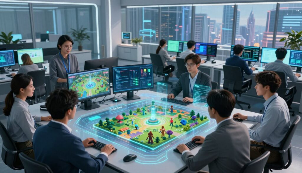 A futuristic workspace depicting "Project Genie," an advanced AI tool for creating interactive game worlds. In the foreground, a diverse team of professionals in smart business attire collaborates around a holographic interface displaying vibrant 3D game landscapes and characters. In the middle, sleek, high-tech computers and monitors showcase design innovations and algorithms, bathed in soft blue and green ambient lighting. The background features large glass windows with a view of a futuristic city skyline, suggesting a world where technology and creativity blend seamlessly. The mood is energized and optimistic, reflecting the bright future of project development in interactive gaming. The scene is captured from a slightly elevated angle, providing a dynamic perspective on collaboration and innovation.