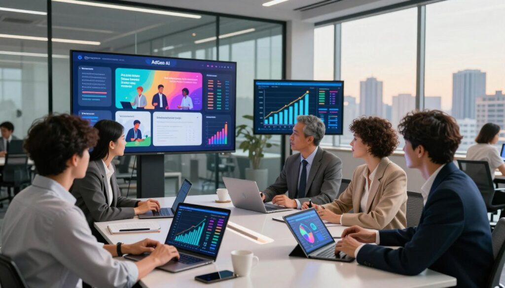 A futuristic workspace featuring a diverse team of professionals, focused on customizing advertising campaigns using an advanced AI platform called "AdGen AI." In the foreground, a diverse group of business people in smart attire is engaged in a brainstorming session around a sleek, modern table, with digital tablets and laptops displaying dynamic charts and data. In the middle ground, large screens showcase vibrant campaign designs and analytics, with graphs depicting growth and engagement metrics. The background reveals a glass-walled office with a city skyline visible, bathed in warm, natural lighting from the large windows, creating an energetic and innovative atmosphere. The mood is collaborative and forward-thinking, emphasizing the power of technology in personalized marketing.