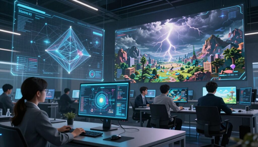A futuristic workspace filled with holographic displays showcasing geometric visuals and expansive gaming landscapes, embodying the concept of "Storm KI" as a powerful tool for game world generation. In the foreground, a sleek, modern computer setup with a glowing interface highlighting intricate algorithms. The middle ground features a diverse group of creative professionals collaborating, dressed in professional business attire, analyzing the generated game environments. The background depicts a captivating digital world, blending elements like mountains, forests, and urban landscapes under a dynamic stormy sky, with lightning illuminating the scene. The lighting is dramatic, with cool tones creating an atmosphere of innovation and excitement, captured from a slight low angle to emphasize the technological advancements.