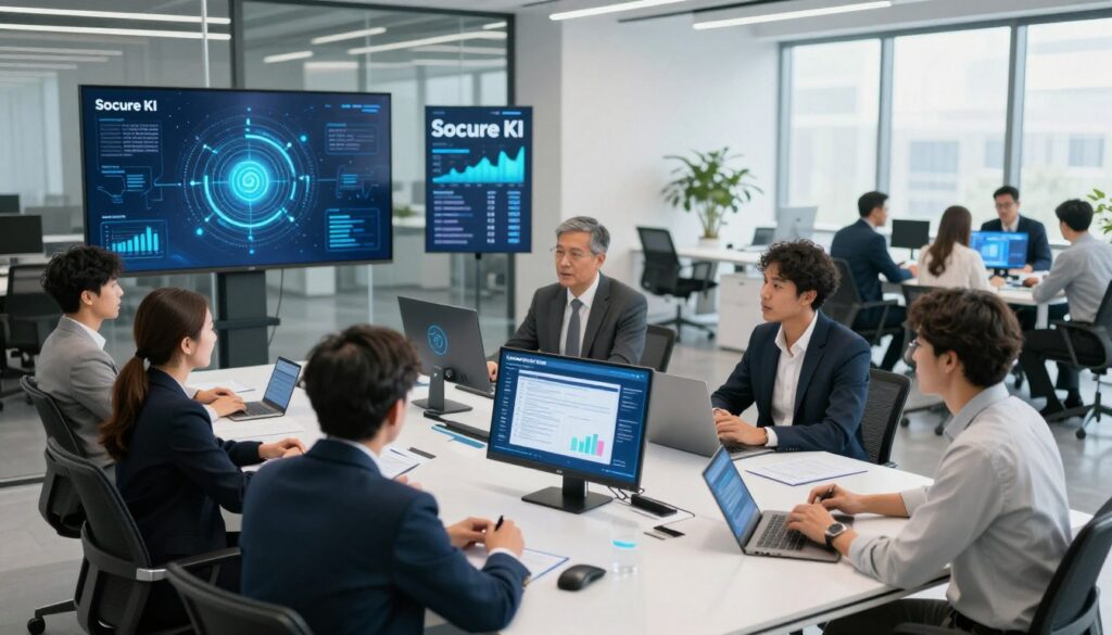 A modern and professional digital workspace showcasing the concept of "Socure KI" for digital identity and trust. In the foreground, a diverse group of business professionals, dressed in smart business attire, are engaged in a lively discussion around a sleek, high-tech conference table, with digital displays showing graphs and data on identity verification. The middle ground features digital screens with abstract representations of cybersecurity and identity models, conveying a sense of innovation and trust. In the background, an airy office environment with large windows allowing natural light to flood in, creating a bright and optimistic atmosphere. The overall mood should be one of collaboration and confidence in digital solutions, captured from a slightly elevated angle to emphasize the engaging office space. A modern and professional digital workspace showcasing the concept of "Socure KI" for digital identity and trust. In the foreground, a diverse group of business professionals, dressed in smart business attire, are engaged in a lively discussion around a sleek, high-tech conference table, with digital displays showing graphs and data on identity verification. The middle ground features digital screens with abstract representations of cybersecurity and identity models, conveying a sense of innovation and trust. In the background, an airy office environment with large windows allowing natural light to flood in, creating a bright and optimistic atmosphere. The overall mood should be one of collaboration and confidence in digital solutions, captured from a slightly elevated angle to emphasize the engaging office space.