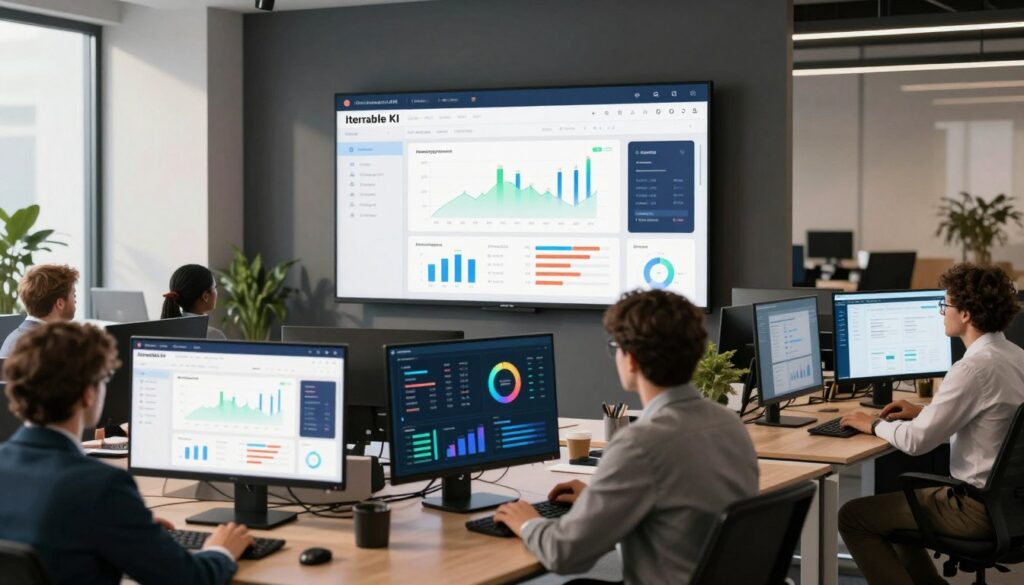 A modern and sleek office environment showcasing the Iterable KI platform interface on multiple high-resolution screens. In the foreground, a diverse group of professionals dressed in business attire is engaging with colorful, interactive data visualizations, demonstrating marketing metrics and real-time control features. The middle ground features a large interactive touchscreen display with graphs and charts illustrating user engagement and campaign performance. The background includes stylish office decor with ambient lighting, creating a productive yet welcoming atmosphere. The scene is illuminated with soft, natural light coming from large windows, casting gentle shadows. The composition should evoke a sense of innovation, collaboration, and high-tech efficiency, making it clear that this is a hub for advanced marketing strategies.
