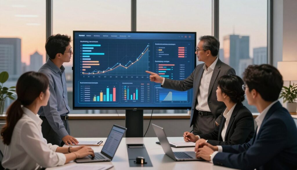 A modern digital workspace featuring a large interactive screen displaying dynamic graphs and analytics related to marketing campaign performance. In the foreground, a diverse group of three professionals, dressed in smart business attire, are actively engaged in discussion, pointing at the screen to emphasize key metrics. The middle layer showcases a sleek conference table with laptops, notebooks, and digital devices. In the background, a large window reveals a city skyline, bathed in warm, ambient lighting that suggests a late afternoon. The atmosphere is focused and productive, highlighting themes of measurement and success in marketing campaigns. Ensure the lighting highlights the expressions of the professionals, emphasizing collaboration and insights derived from data analysis.