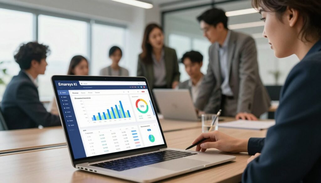 A modern digital workspace showcasing the user interface of Emarsys KI software. The foreground features a laptop screen displaying a colorful, interactive dashboard with graphs, analytics, and marketing metrics, reflecting real-time data insights. In the middle ground, a diverse group of professionals in business attire gathers around the laptop, engaged in discussion and analysis, illustrating collaboration and innovation. The background includes a sleek, contemporary office environment with large windows and soft, natural lighting that creates an inspiring and productive atmosphere. Use a slightly angled perspective to enhance depth, and incorporate a warm color palette to evoke a sense of positivity and forward-thinking in marketing technology. A modern digital workspace showcasing the user interface of Emarsys KI software. The foreground features a laptop screen displaying a colorful, interactive dashboard with graphs, analytics, and marketing metrics, reflecting real-time data insights. In the middle ground, a diverse group of professionals in business attire gathers around the laptop, engaged in discussion and analysis, illustrating collaboration and innovation. The background includes a sleek, contemporary office environment with large windows and soft, natural lighting that creates an inspiring and productive atmosphere. Use a slightly angled perspective to enhance depth, and incorporate a warm color palette to evoke a sense of positivity and forward-thinking in marketing technology.