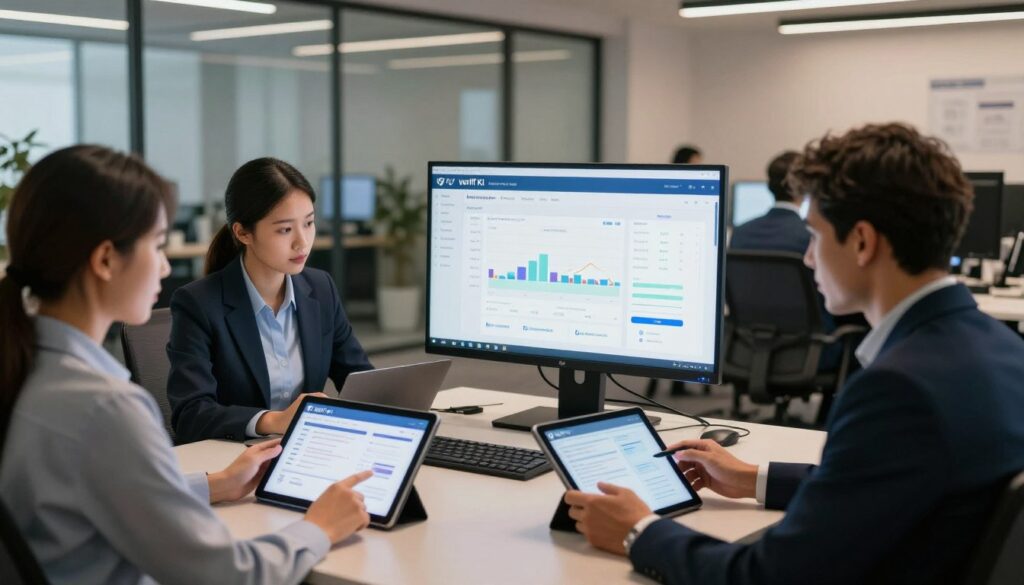 A modern office environment depicting professionals engaged in identity verification processes with Veriff KI. In the foreground, a diverse group of three individuals in professional business attire are analyzing digital identity data on sleek tablets. The middle section features a large, high-tech screen displaying graphs and analytics related to identity checks and fraud prevention, illuminated by soft, ambient lighting. In the background, a glass wall reveals a busy workspace, with additional employees collaborating on similar tasks. The atmosphere is focused and dynamic, reflecting innovation and trust in digital identity solutions. The lighting is bright yet warm, creating a welcoming and professional ambiance, captured with a slightly angled, wide lens to provide depth and context to the scene.