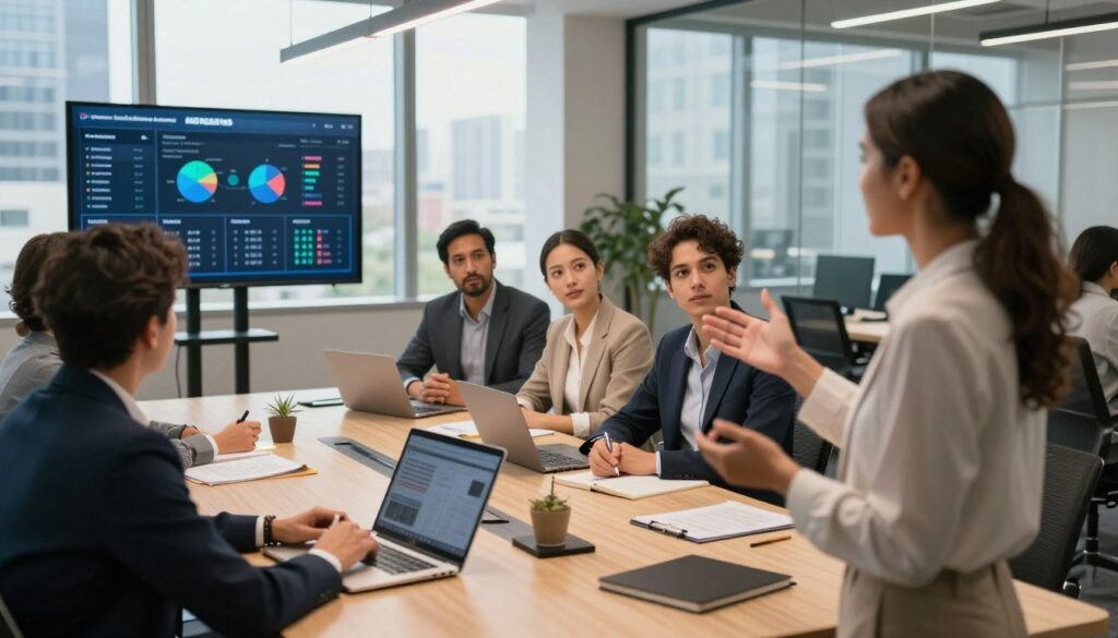 A modern office environment featuring a diverse group of professional businesspeople engaged in a collaborative meeting. In the foreground, a confident woman gestures towards a digital screen displaying an analytical dashboard, showcasing performance metrics for ad sets. The middle layer captures individuals seated around a sleek conference table, with a mix of focused expressions as they take notes and share ideas. In the background, large windows allow natural light to flood the room, illuminating a city skyline. The atmosphere is dynamic and innovative, reflecting an environment preparing for a significant marketing campaign. Use warm, professional lighting to enhance the mood. The angle is slightly elevated to capture the teamwork and focused engagement among the participants.