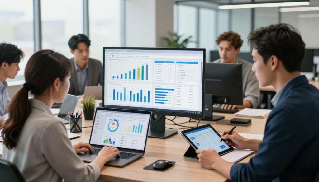 A modern office environment featuring a diverse group of professionals collaborating on a digital project related to Brex AI implementation. In the foreground, a focused woman in professional attire analyzes data on a sleek laptop, while a man beside her takes notes on a digital tablet. The middle ground shows a large digital screen displaying visual graphs and analytics related to company expenses. In the background, large windows allow natural light to flood the room, enhancing the vibrant atmosphere of teamwork and innovation. The mood is dynamic and professional, emphasizing best practices in corporate expense management. The scene is captured from a slightly elevated angle to provide a comprehensive view, with soft lighting highlighting the engaged expressions of the team.