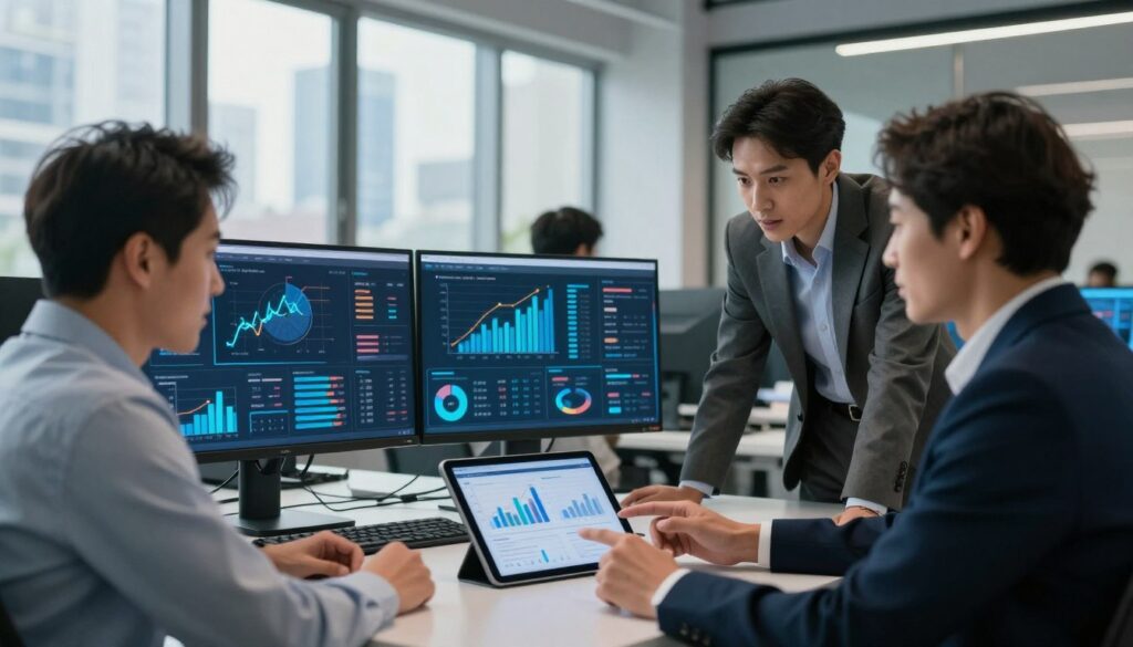 A modern office environment focused on AI-driven optimization and marketing automation. In the foreground, a diverse group of three professionals, dressed in smart business attire, engage in a collaborative discussion over a digital tablet displaying graphs and analytics. In the middle ground, sleek computers with multiple screens showcase data visualization and marketing strategies, emphasizing innovative AI tools. The background features a large window with city views, allowing natural light to illuminate the space, creating a bright and inspiring atmosphere. The scene is dynamic and forward-thinking, conveying a sense of teamwork and technological advancement, with a balance of cool blue and warm tones for a welcoming and motivating mood. A modern office environment focused on AI-driven optimization and marketing automation. In the foreground, a diverse group of three professionals, dressed in smart business attire, engage in a collaborative discussion over a digital tablet displaying graphs and analytics. In the middle ground, sleek computers with multiple screens showcase data visualization and marketing strategies, emphasizing innovative AI tools. The background features a large window with city views, allowing natural light to illuminate the space, creating a bright and inspiring atmosphere. The scene is dynamic and forward-thinking, conveying a sense of teamwork and technological advancement, with a balance of cool blue and warm tones for a welcoming and motivating mood.