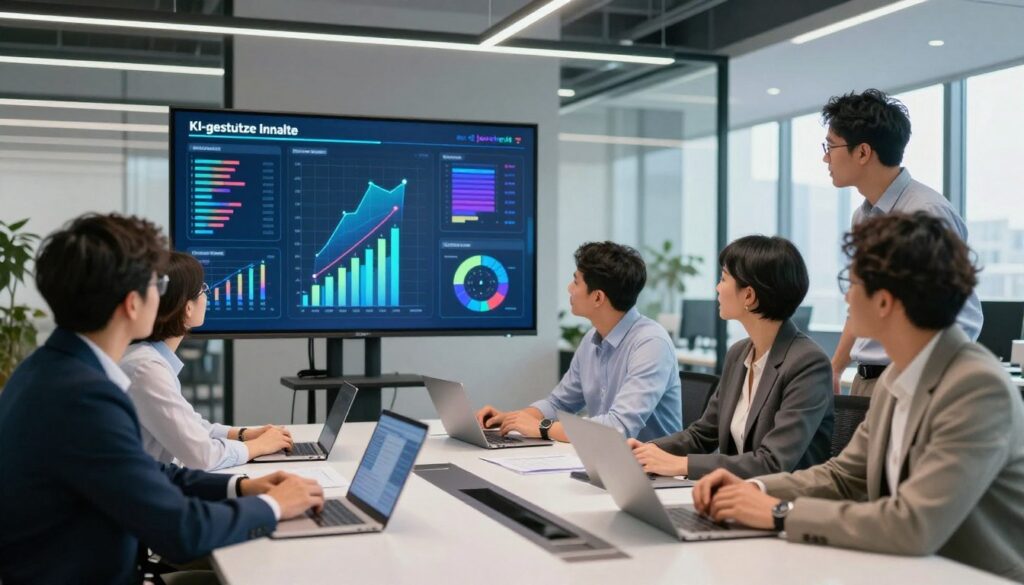 A modern office environment focusing on the integration of AI in marketing. In the foreground, a diverse team of business professionals, dressed in smart casual attire, is gathered around a sleek conference table, intently discussing data visualizations on a digital screen that showcases "KI-gestützte Inhalte." In the middle ground, digital elements like charts and graphs evolve from traditional paper reports into vibrant, animated visuals, symbolizing the transformative power of Jacquard AI software. The background features a contemporary office interior with large windows allowing natural light to flood in, creating an energetic atmosphere. The lighting is bright and professional, highlighting the engagement and collaboration among the team. The image conveys a sense of innovation, success, and the future of brand messaging in marketing. A modern office environment focusing on the integration of AI in marketing. In the foreground, a diverse team of business professionals, dressed in smart casual attire, is gathered around a sleek conference table, intently discussing data visualizations on a digital screen that showcases "KI-gestützte Inhalte." In the middle ground, digital elements like charts and graphs evolve from traditional paper reports into vibrant, animated visuals, symbolizing the transformative power of Jacquard AI software. The background features a contemporary office interior with large windows allowing natural light to flood in, creating an energetic atmosphere. The lighting is bright and professional, highlighting the engagement and collaboration among the team. The image conveys a sense of innovation, success, and the future of brand messaging in marketing.