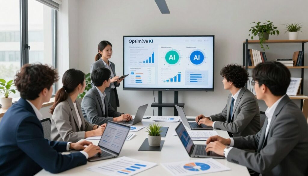A modern office environment illuminated by soft, natural light from large windows, creating a bright and inviting atmosphere. In the foreground, a diverse group of professionals in business attire collaborates around a sleek conference table cluttered with laptops, digital tablets, and marketing analytics reports. The middle ground features a large interactive screen displaying data visualizations and AI-driven insights related to Optimove KI's capabilities for targeted marketing. In the background, shelves filled with books on AI and marketing strategies, along with potted plants adding a touch of nature, surround the space. The angle captures the dynamic interaction among team members, emphasizing teamwork and innovation in marketing practices, conveying a sense of productivity and success.