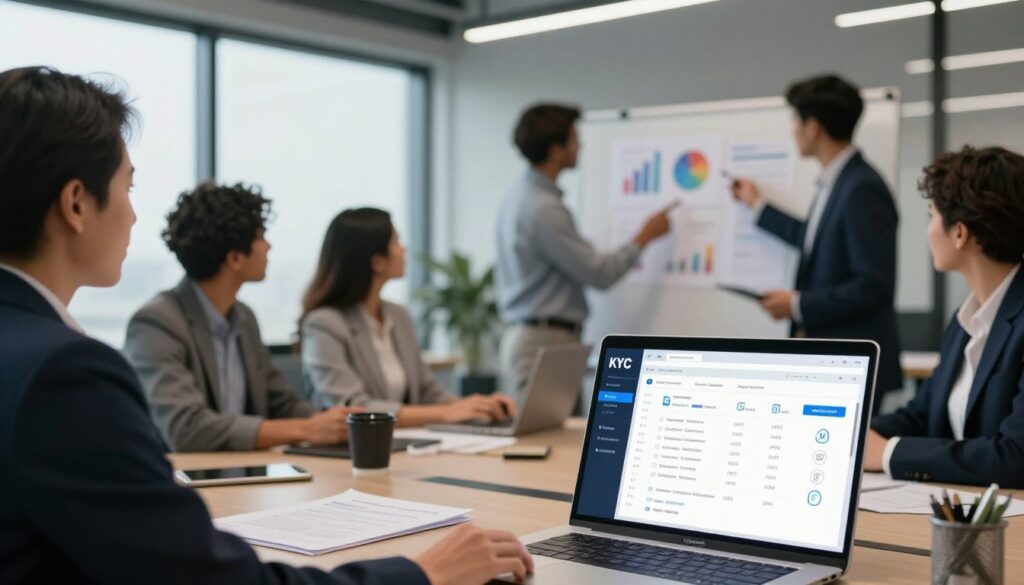A modern office environment showcasing a diverse team of professionals engaged in a serious discussion about identity verification challenges. In the foreground, a close-up of a laptop screen displaying a complex user interface for KYC automation, with data analytics and verification symbols illuminated. In the middle ground, business professionals in professional attire, including men and women of various ethnicities, are engaged in brainstorming, pointing to charts and diagrams on a whiteboard. The background features a sleek office design with large windows letting in natural light, creating a bright and focused atmosphere. Soft ambient lighting enhances the teamwork mood, while a slight depth of field keeps attention on the team’s collaborative efforts against the challenge of identity verification. A modern office environment showcasing a diverse team of professionals engaged in a serious discussion about identity verification challenges. In the foreground, a close-up of a laptop screen displaying a complex user interface for KYC automation, with data analytics and verification symbols illuminated. In the middle ground, business professionals in professional attire, including men and women of various ethnicities, are engaged in brainstorming, pointing to charts and diagrams on a whiteboard. The background features a sleek office design with large windows letting in natural light, creating a bright and focused atmosphere. Soft ambient lighting enhances the teamwork mood, while a slight depth of field keeps attention on the team’s collaborative efforts against the challenge of identity verification.