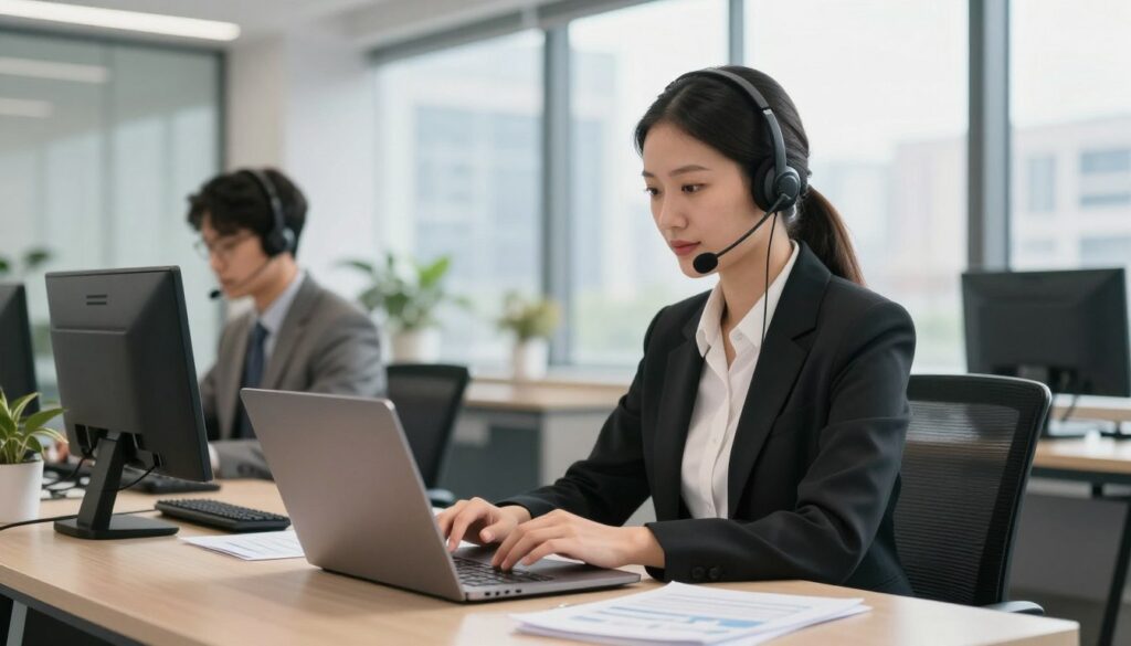 A modern office environment showcasing a professional customer service scene related to financial processes. In the foreground, a focused customer service representative, dressed in business attire, is engaged with a laptop, providing support. The middle ground features a sleek, well-organized desk with financial documents and a headset, indicating active communication. In the background, a large window reveals a cityscape, with soft natural light illuminating the space, creating a warm and inviting atmosphere. The overall mood is professional and efficient, reflecting the importance of customer support in financial automation. The scene is captured with a slight depth of field, which draws attention to the representative while subtly blurring the background. A modern office environment showcasing a professional customer service scene related to financial processes. In the foreground, a focused customer service representative, dressed in business attire, is engaged with a laptop, providing support. The middle ground features a sleek, well-organized desk with financial documents and a headset, indicating active communication. In the background, a large window reveals a cityscape, with soft natural light illuminating the space, creating a warm and inviting atmosphere. The overall mood is professional and efficient, reflecting the importance of customer support in financial automation. The scene is captured with a slight depth of field, which draws attention to the representative while subtly blurring the background.