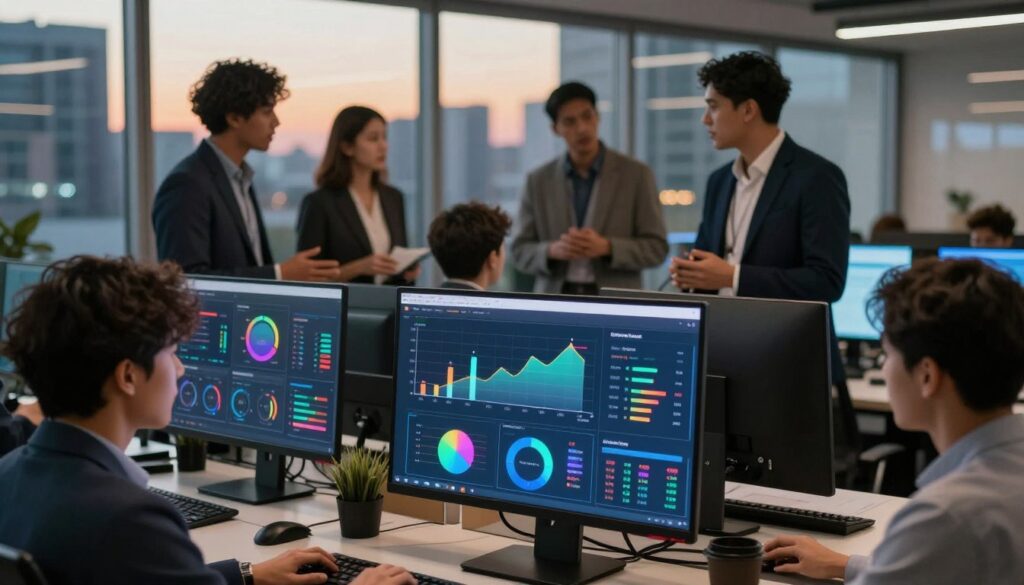 A modern office setting filled with data visualization elements showcasing game analytics. In the foreground, a sleek computer screen displays colorful graphs and charts representing user experiences and case studies in game analysis. The middle layer features a diverse group of professionals in smart business attire engaged in discussion, highlighting collaboration and teamwork. In the background, large windows reveal a bustling cityscape at dusk, with warm, ambient lighting creating a productive atmosphere. A subtle bokeh effect adds depth, emphasizing the technology-driven environment. The mood is focused and innovative, capturing the essence of data-driven insights in gaming.