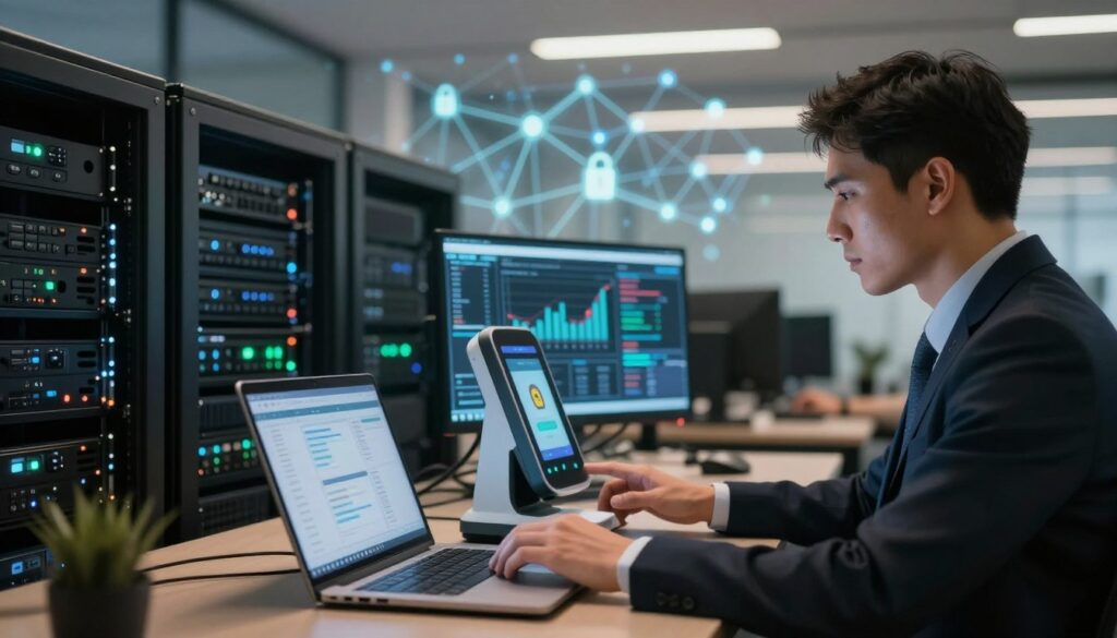 A modern office setting showcasing advanced security technology for fraud prevention. In the foreground, a professional individual dressed in business attire examines biometric verification devices and a laptop displaying analytics; their expression reflects focus and determination. The middle section features a sleek server rack with illuminated screens showing real-time data and graphs related to identity verification. In the background, an abstract digital landscape illustrates security networks and connections with glowing lines and nodes, emphasizing innovation and technology. Soft, diffused lighting casts warm tones across the scene, creating an atmosphere of trust and professionalism, while a slight camera tilt adds depth and perspective. The overall mood should convey confidence in security and the effectiveness of the technology in preventing fraud. A modern office setting showcasing advanced security technology for fraud prevention. In the foreground, a professional individual dressed in business attire examines biometric verification devices and a laptop displaying analytics; their expression reflects focus and determination. The middle section features a sleek server rack with illuminated screens showing real-time data and graphs related to identity verification. In the background, an abstract digital landscape illustrates security networks and connections with glowing lines and nodes, emphasizing innovation and technology. Soft, diffused lighting casts warm tones across the scene, creating an atmosphere of trust and professionalism, while a slight camera tilt adds depth and perspective. The overall mood should convey confidence in security and the effectiveness of the technology in preventing fraud.