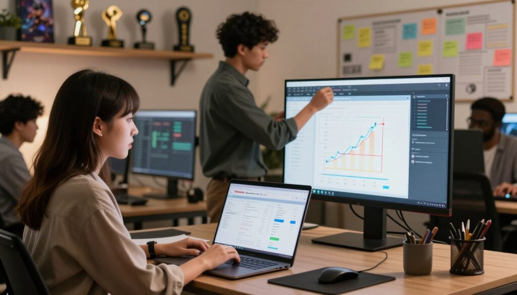 A modern office setting showcasing diverse professionals engaged in game development discussions. In the foreground, a female game designer in smart casual attire, collaborating on a laptop displaying analytics data from Keewano KI software. The middle ground features a male programmer analyzing charts on a large screen, emphasizing game performance metrics and churn signals. In the background, shelves filled with game design awards and brainstorming boards with colorful sticky notes. Warm, soft lighting casts a focused yet inviting atmosphere, highlighting the creativity and teamwork in the gaming industry. The scene captures the essence of success stories related to user experiences with innovative technology in game analytics.