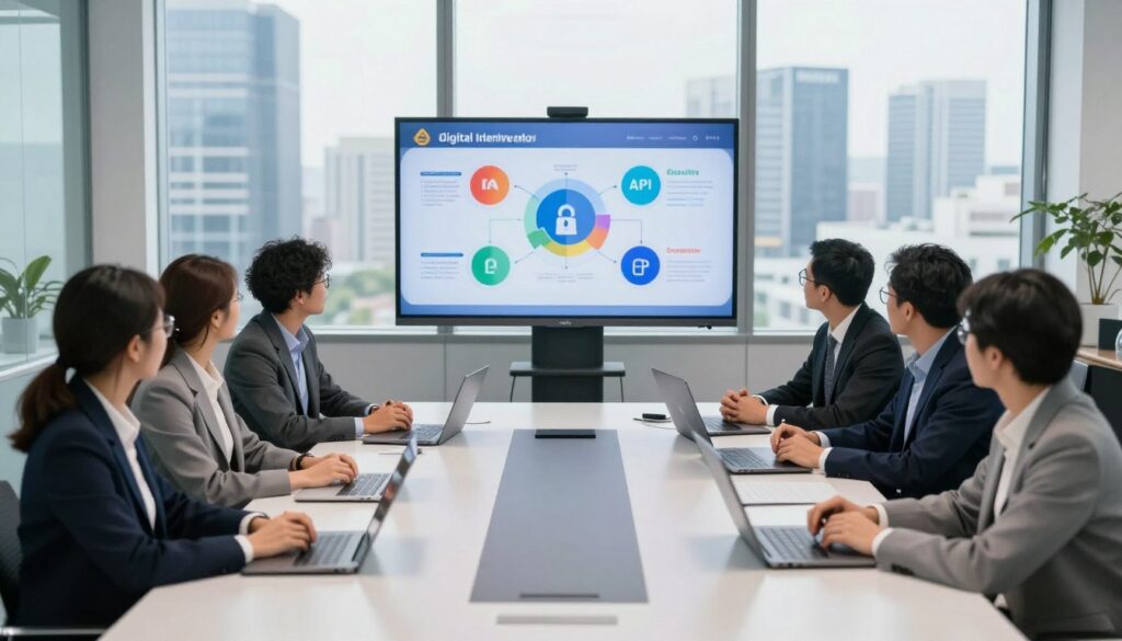 A modern office setting with a sleek conference table at the forefront, featuring a diverse group of professionals dressed in business attire, engaged in a training session on eIDAS and API integration. In the middle, a large screen displays vibrant charts and diagrams related to digital identity and security. Behind them, floor-to-ceiling windows let in soft natural light, creating a bright and inviting atmosphere. Around the room, subtle technological elements like laptops and digital devices reinforce the training theme. The mood is collaborative and focused, highlighting the importance of continuous education in identity and access management. Capture this scene from a slightly elevated angle to encompass both the group and the impressive backdrop of the city skyline. A modern office setting with a sleek conference table at the forefront, featuring a diverse group of professionals dressed in business attire, engaged in a training session on eIDAS and API integration. In the middle, a large screen displays vibrant charts and diagrams related to digital identity and security. Behind them, floor-to-ceiling windows let in soft natural light, creating a bright and inviting atmosphere. Around the room, subtle technological elements like laptops and digital devices reinforce the training theme. The mood is collaborative and focused, highlighting the importance of continuous education in identity and access management. Capture this scene from a slightly elevated angle to encompass both the group and the impressive backdrop of the city skyline.