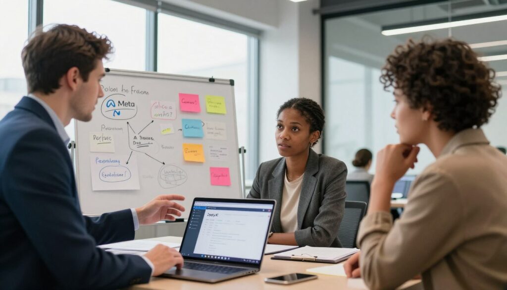 A modern office space filled with professionals engaged in a brainstorming session. In the foreground, a diverse group of three people—two men and one woman—are discussing ideas, with a laptop open displaying the Zeely KI interface. The man on the left, dressed in a crisp suit, gestures towards the screen, while the woman in business casual attire nods thoughtfully. In the middle ground, a whiteboard is visible, filled with colorful sketches and notes about advertising strategies for Meta and TikTok. The background features large windows letting in natural light, illuminating the room and creating a vibrant, collaborative atmosphere. The overall mood is focused and innovative, capturing the essence of effective brainstorming in a professional environment.
