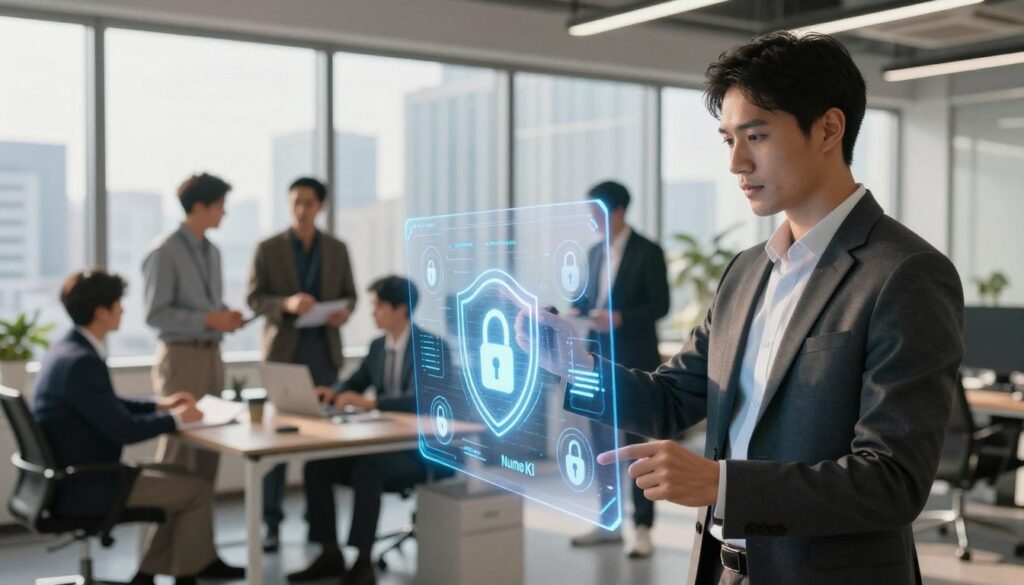 A modern, sleek office environment focusing on data security and privacy features in AI technology. In the foreground, a well-dressed professional, appearing confident and engaged, interacts with a transparent digital display showcasing security icons like locks and shields. The middle ground features a group of people in business attire discussing cash flow strategies, illustrating collaboration on Nume KI. The background displays large windows with a city skyline, symbolizing growth and opportunity. Soft, natural light filters through, casting a warm and inviting atmosphere. The scene captures a sense of innovation and trust, emphasizing the importance of safety and data privacy in AI tools. A modern, sleek office environment focusing on data security and privacy features in AI technology. In the foreground, a well-dressed professional, appearing confident and engaged, interacts with a transparent digital display showcasing security icons like locks and shields. The middle ground features a group of people in business attire discussing cash flow strategies, illustrating collaboration on Nume KI. The background displays large windows with a city skyline, symbolizing growth and opportunity. Soft, natural light filters through, casting a warm and inviting atmosphere. The scene captures a sense of innovation and trust, emphasizing the importance of safety and data privacy in AI tools.