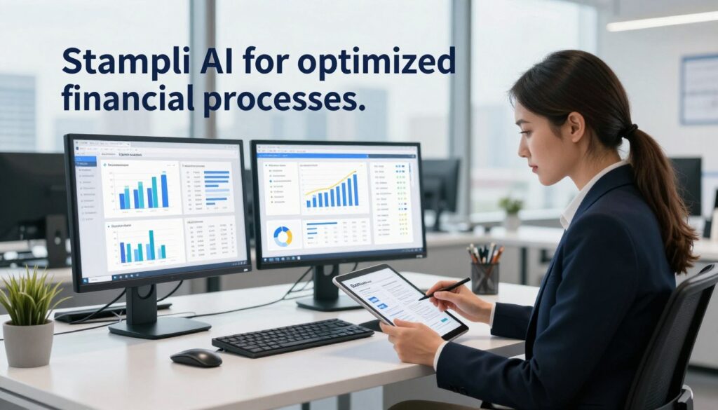 A modern, sleek office environment showcasing the concept of "Stampli AI for optimized financial processes." In the foreground, a professional woman in business attire is reviewing financial documents on a tablet, looking engaged and focused. The middle layer features a high-tech computer setup with graphs and digital analytics displaying streamlined accounts payable processes. The background includes large windows with a cityscape view, suggesting a bright, productive work atmosphere. Soft natural lighting fills the room, creating an inspiring and innovative ambiance. The scene conveys professionalism and efficiency, emphasizing the transformative impact of AI on financial workflows. A modern, sleek office environment showcasing the concept of "Stampli AI for optimized financial processes." In the foreground, a professional woman in business attire is reviewing financial documents on a tablet, looking engaged and focused. The middle layer features a high-tech computer setup with graphs and digital analytics displaying streamlined accounts payable processes. The background includes large windows with a cityscape view, suggesting a bright, productive work atmosphere. Soft natural lighting fills the room, creating an inspiring and innovative ambiance. The scene conveys professionalism and efficiency, emphasizing the transformative impact of AI on financial workflows.