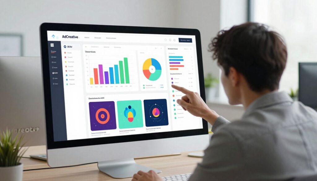 A modern, sleek user interface of AdCreative.ai displayed on a large computer screen in a bright office environment. In the foreground, show a professional individual in business attire attentively analyzing the interface. The middle section features vibrant graphs and analytics showcasing AI-driven ad performance metrics, with various colorful creative templates visible on the screen. The background should include minimalist office decor, soft lighting from natural windows creating an inviting atmosphere. The angle should be slightly elevated, capturing both the screen’s details and the user's engagement. The mood is focused and productive, reflecting the user-friendly nature of the software and emphasizing its supportive features for effective advertising campaigns.