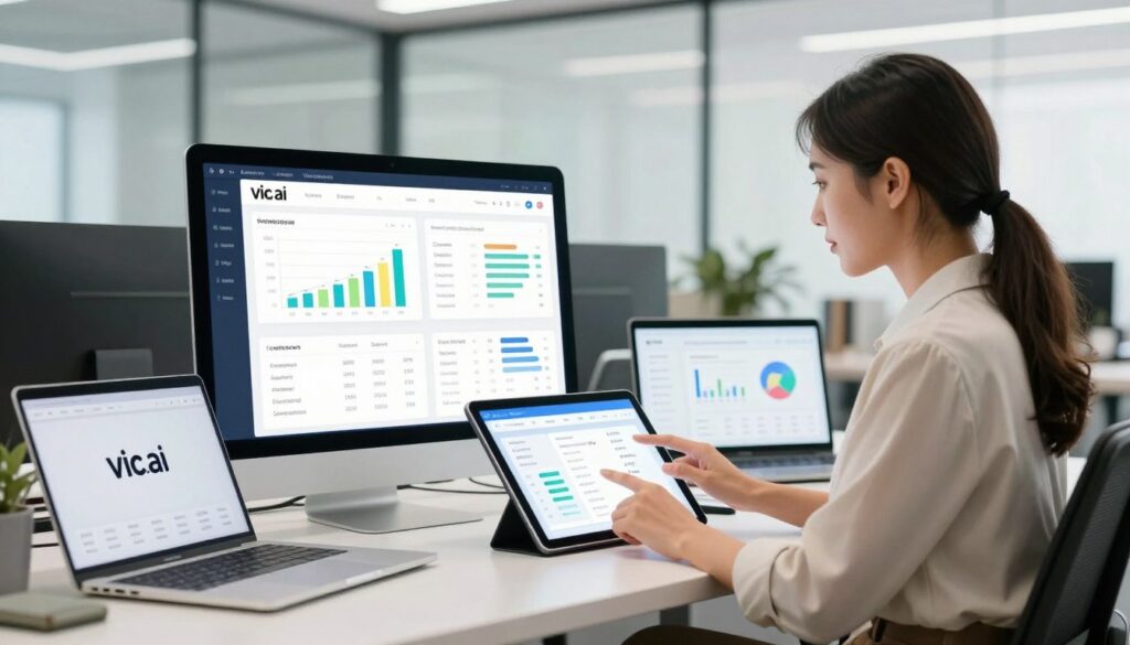 A modern, user-friendly interface for the Vic.ai platform, depicting a sleek dashboard with data visualization features like graphs and charts. In the foreground, a professional businesswoman in smart casual attire interacts with a touchscreen, showcasing intuitive design elements. The middle ground features an array of digital devices, such as laptops and tablets displaying the Vic.ai logo and analytics, symbolizing seamless access to data. In the background, a bright, well-lit office environment with glass walls, allowing natural light to flood in, creating a vibrant atmosphere. The overall mood is one of innovation and efficiency, emphasizing the combination of usability and data capture in modern accounting solutions. The image should be clean, focused, and convey a sense of professionalism and technological advancement. A modern, user-friendly interface for the Vic.ai platform, depicting a sleek dashboard with data visualization features like graphs and charts. In the foreground, a professional businesswoman in smart casual attire interacts with a touchscreen, showcasing intuitive design elements. The middle ground features an array of digital devices, such as laptops and tablets displaying the Vic.ai logo and analytics, symbolizing seamless access to data. In the background, a bright, well-lit office environment with glass walls, allowing natural light to flood in, creating a vibrant atmosphere. The overall mood is one of innovation and efficiency, emphasizing the combination of usability and data capture in modern accounting solutions. The image should be clean, focused, and convey a sense of professionalism and technological advancement.