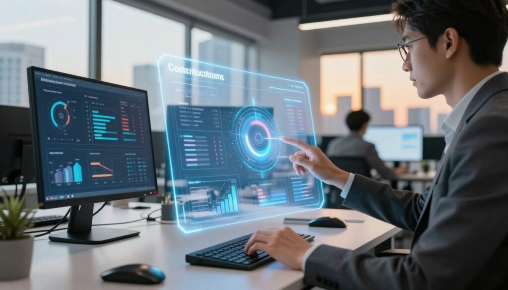 A modern workspace featuring a sleek, futuristic interface displaying advanced AI analytics tailored for marketing and user engagement. In the foreground, a professional individual in smart business attire interacts with a holographic screen, analyzing cost structures and licensing models in real-time. The middle ground includes high-tech devices and charts displaying statistics, while the background showcases a stylish office environment with large windows reflecting a city skyline, bathed in warm, natural light. The ambiance is innovative and dynamic, emphasizing a sense of collaboration and forward-thinking strategies. The perspective captures a slightly lower angle to highlight the technology and human interaction, enhancing the importance of user experience in AI applications. A modern workspace featuring a sleek, futuristic interface displaying advanced AI analytics tailored for marketing and user engagement. In the foreground, a professional individual in smart business attire interacts with a holographic screen, analyzing cost structures and licensing models in real-time. The middle ground includes high-tech devices and charts displaying statistics, while the background showcases a stylish office environment with large windows reflecting a city skyline, bathed in warm, natural light. The ambiance is innovative and dynamic, emphasizing a sense of collaboration and forward-thinking strategies. The perspective captures a slightly lower angle to highlight the technology and human interaction, enhancing the importance of user experience in AI applications.