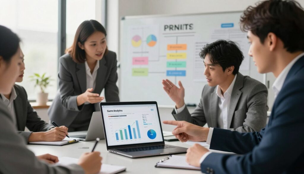 A professional and sleek office setting emphasizing the theme of software pricing and licensing models. In the foreground, a modern conference table with a laptop displaying graphs and charts related to game analytics and subscription models. The middle features a group of three diverse professionals in business attire discussing ideas passionately, pointing at the laptop screen and taking notes. In the background, a whiteboard filled with colorful diagrams and pricing structures, illuminated by warm, natural light streaming through large windows. The mood is collaborative and innovative, with a sense of focus and determination, highlighting the importance of strategic pricing in the tech industry. Soft focus on the background to emphasize the professionals in the foreground.