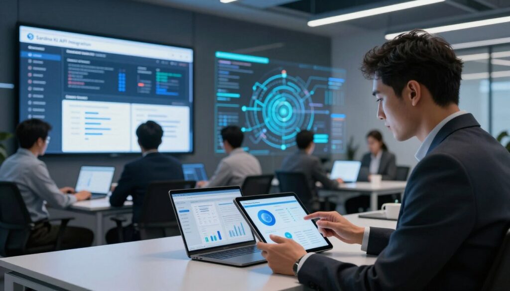 A sleek, modern office environment featuring a large digital display showing a user interface for Sardine KI API Integration. In the foreground, a professional wearing business attire is interacting with a tablet, analyzing data visualizations focused on identity verification, fraud detection, and risk assessment. In the middle ground, there are diverse team members engaged in collaborative discussions, with laptops and digital devices displaying charts and graphs related to system integration. The background shows a high-tech wall filled with glowing screens, illustrating complex data flows and network connections. Soft, ambient lighting bathes the room, creating an atmosphere of innovation and focus. The overall mood is professional and futuristic, emphasizing the advanced technology of Sardine KI in a corporate setting.